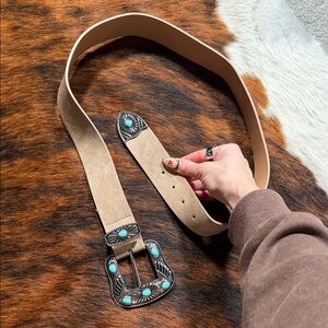 Buckle Tan Belt with Turquoise Accents